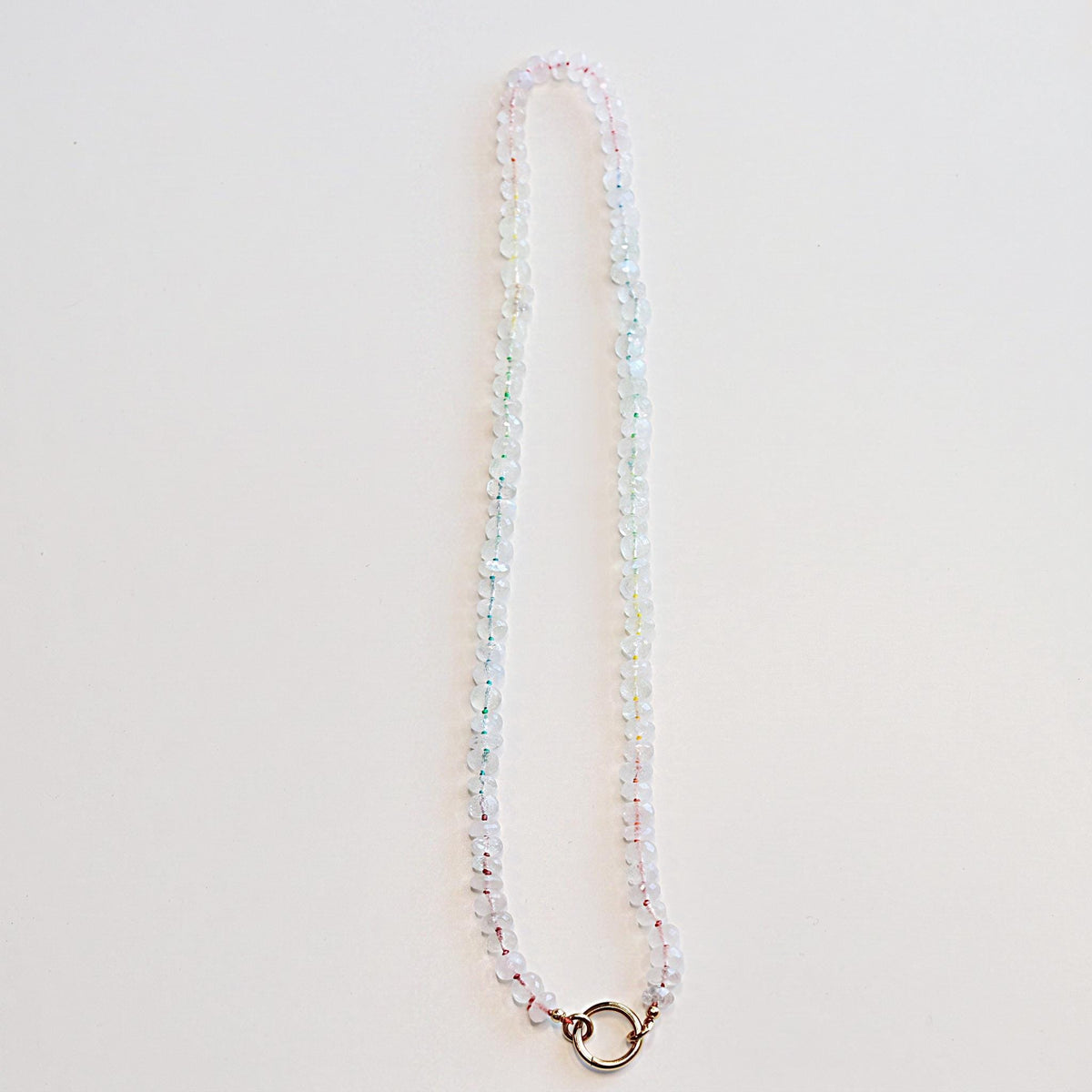 Hand Knotted Rondelle Moonstone Necklace on Rainbow Silk, Gold Filled Figure Eight Charm Holder - Melt'm Jewelry