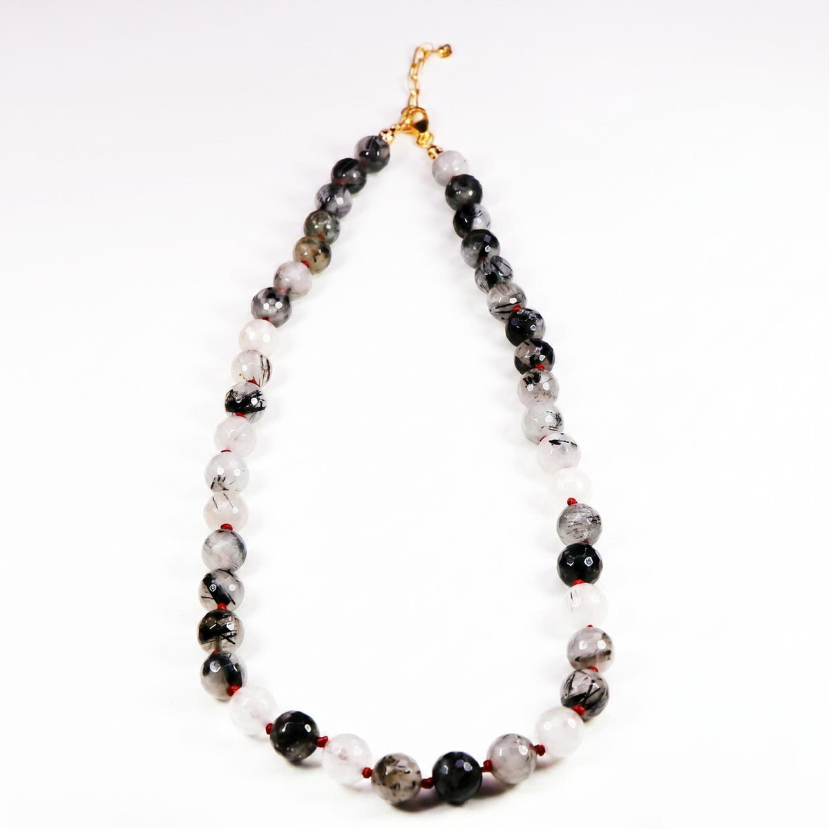 Black Rutilated Quartz Necklace, Hand Knotted Red Silk Strand, Gold Filled Clasp and Extender, 17 Inch - Melt'm Jewelry
