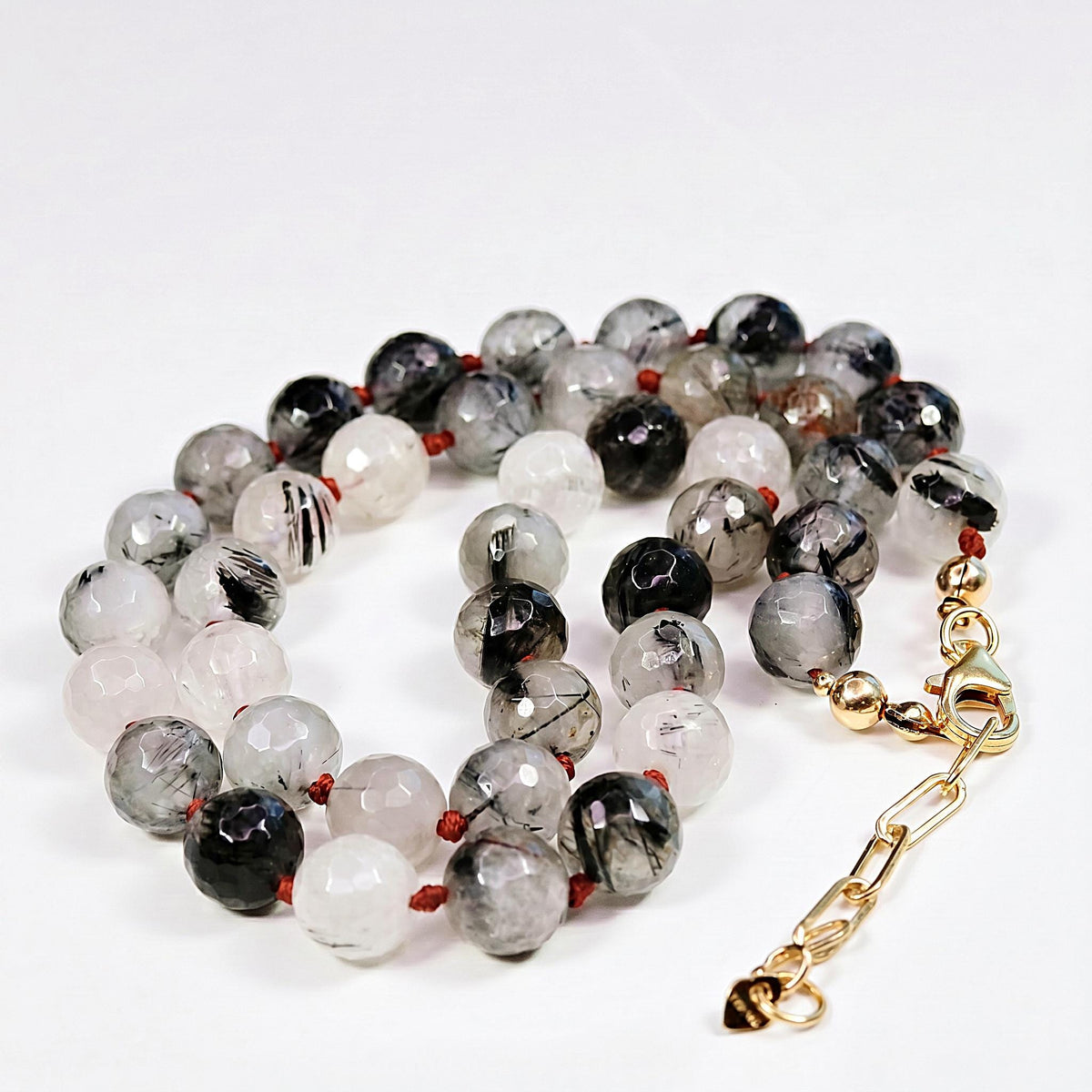 Black Rutilated Quartz Necklace, Hand Knotted Red Silk Strand, Gold Filled Clasp and Extender, 17 Inch - Melt'm Jewelry