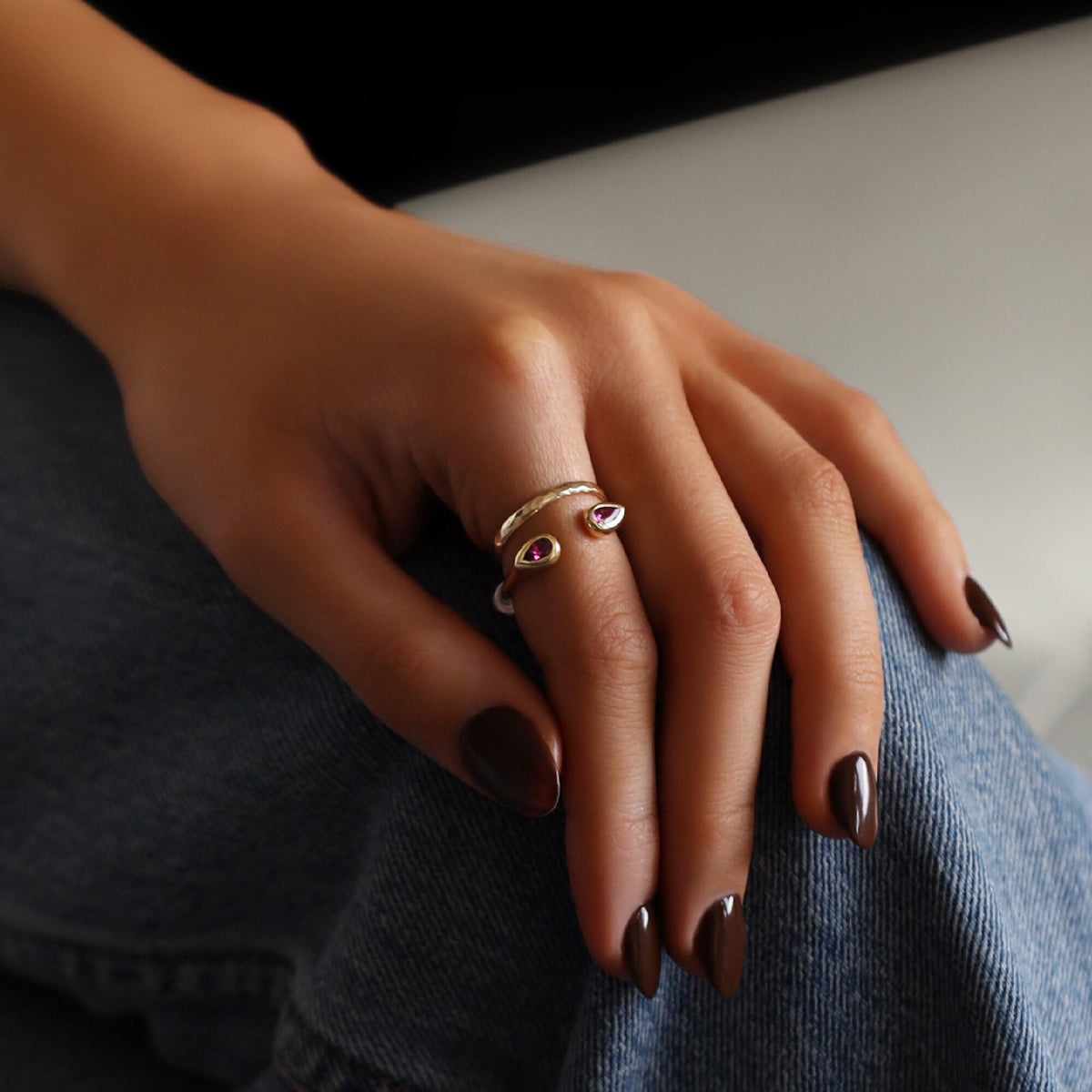 18k Solid Gold Pink Tourmaline Open Cuff Ring - Melt'm Jewelry