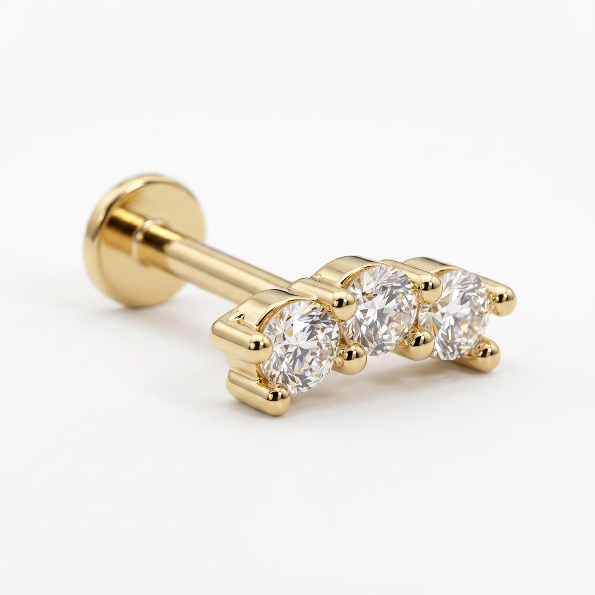 Three Stone Bar Ear Piercing 14k Solid Gold, Flat Back Earrings (SINGLE or PAIR) - Melt'm Jewelry