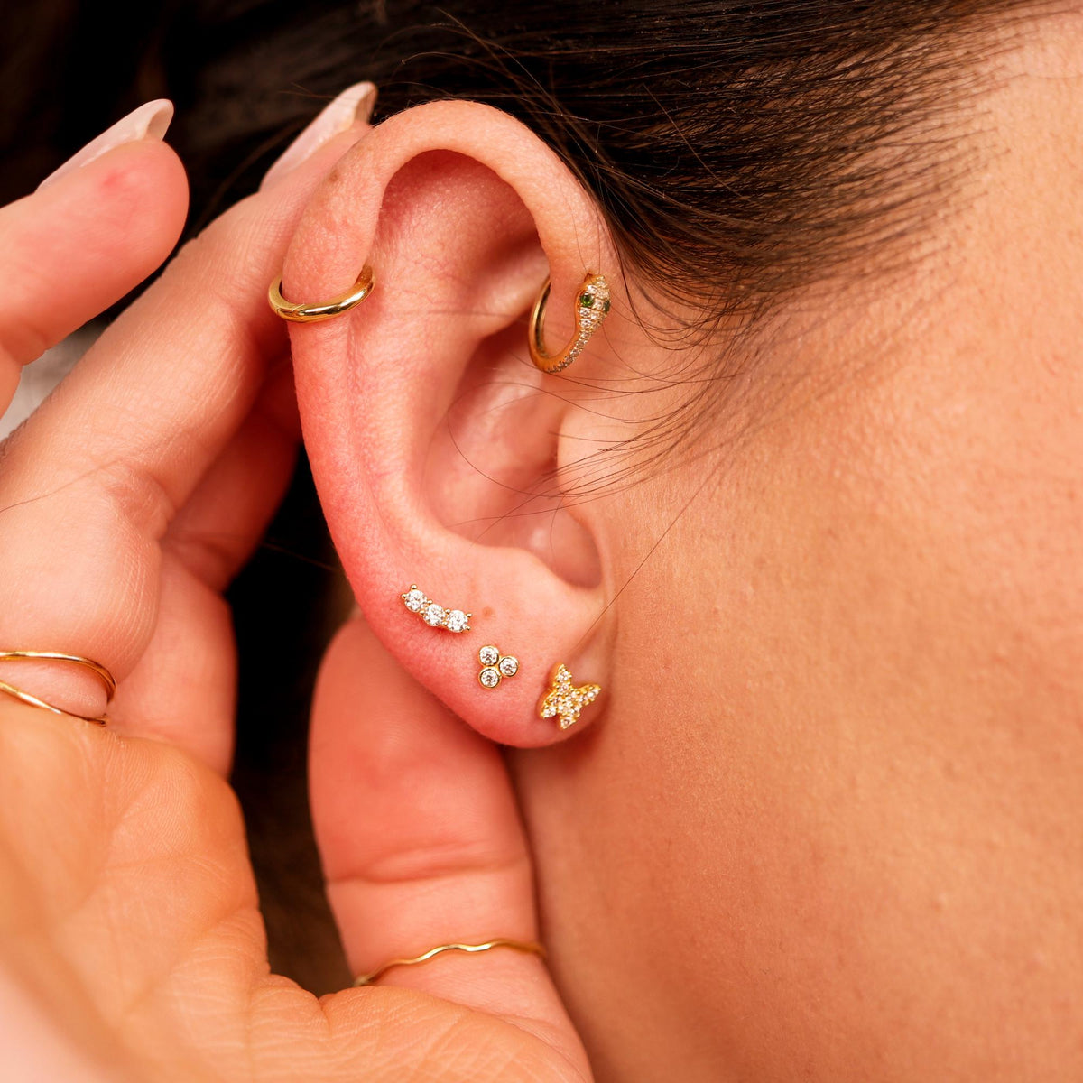 Three Stone Bar Ear Piercing 14k Solid Gold, Flat Back Earrings (SINGLE or PAIR) - Melt'm Jewelry