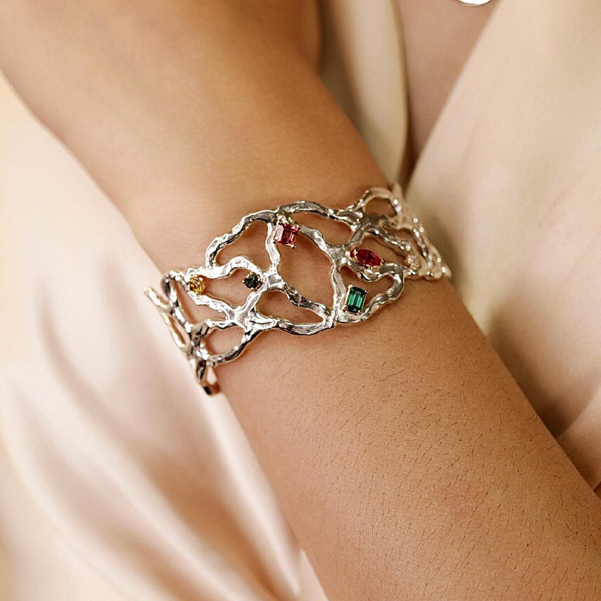 Multi-Gem Gemstone Cuff Bracelet in Sterling Silver and 14k Gold Set- One of A Kind - Melt'm Jewelry