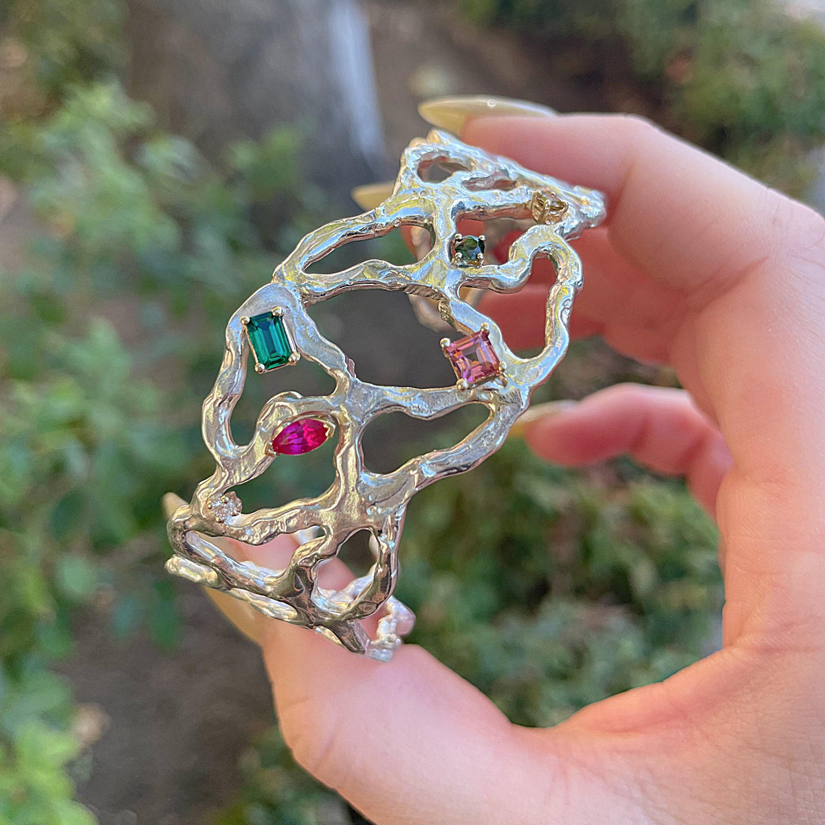 Multi-Gem Gemstone Cuff Bracelet in Sterling Silver and 14k Gold Set- One of A Kind - Melt'm Jewelry