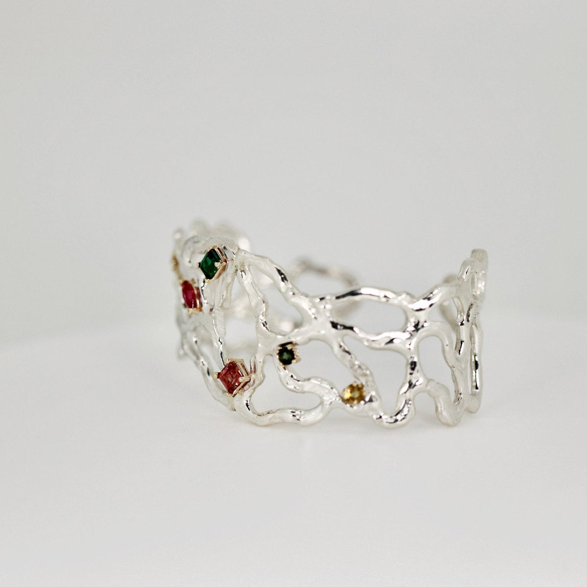 Multi-Gem Gemstone Cuff Bracelet in Sterling Silver and 14k Gold Set- One of A Kind - Melt'm Jewelry