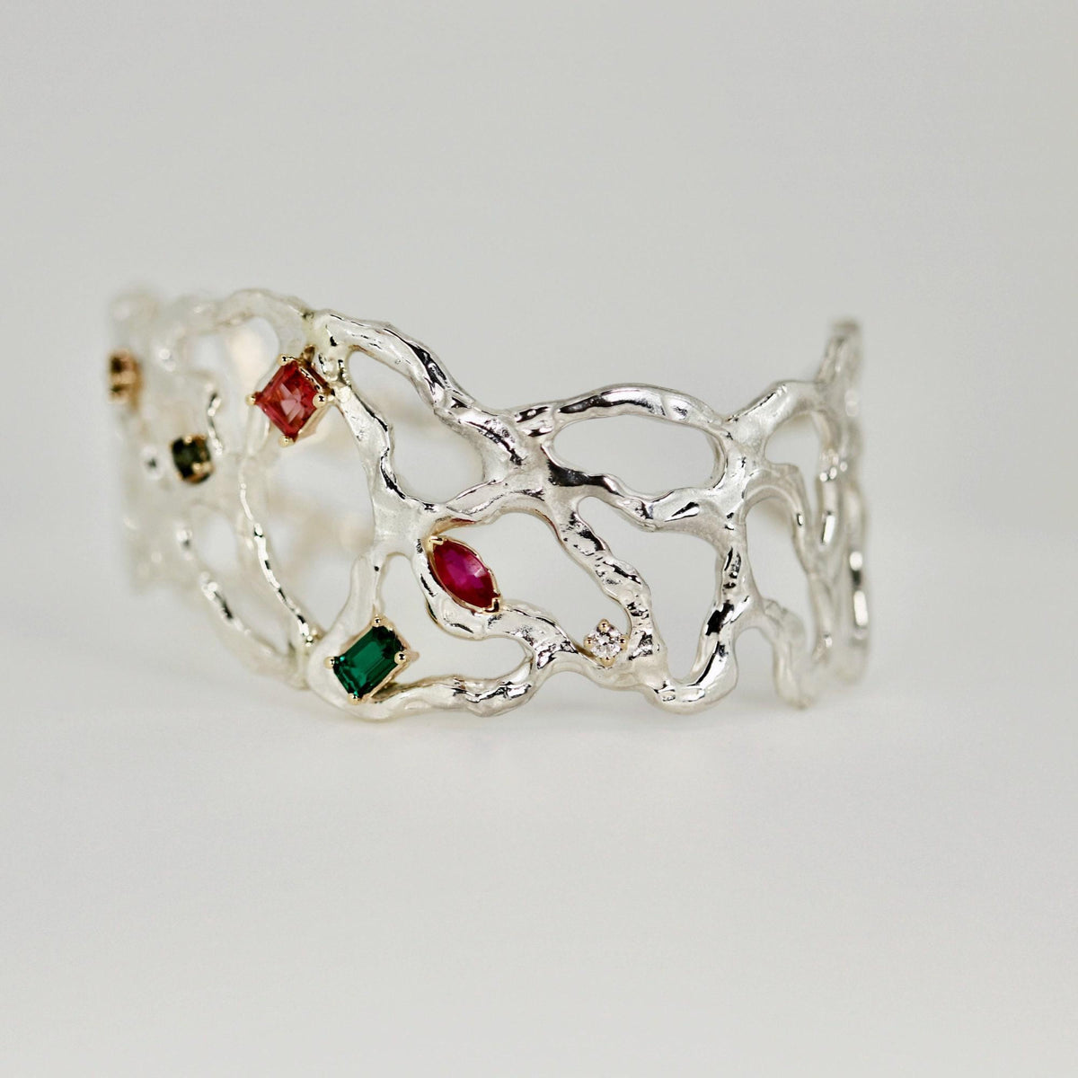 Multi-Gem Gemstone Cuff Bracelet in Sterling Silver and 14k Gold Set- One of A Kind - Melt'm Jewelry