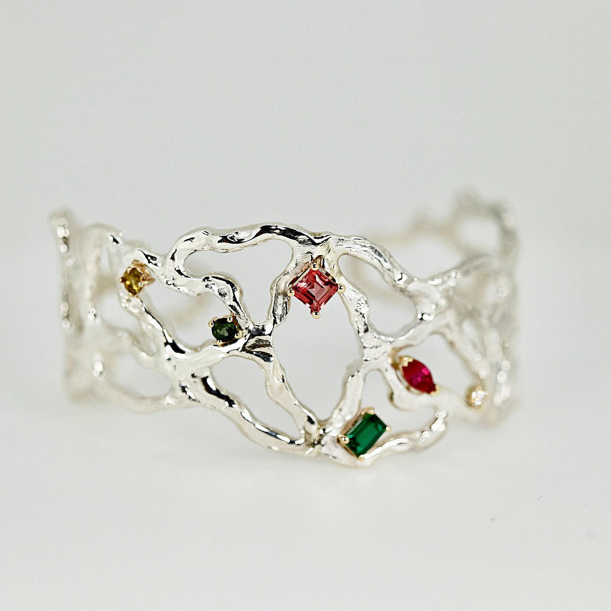 Multi-Gem Gemstone Cuff Bracelet in Sterling Silver and 14k Gold Set- One of A Kind - Melt'm Jewelry