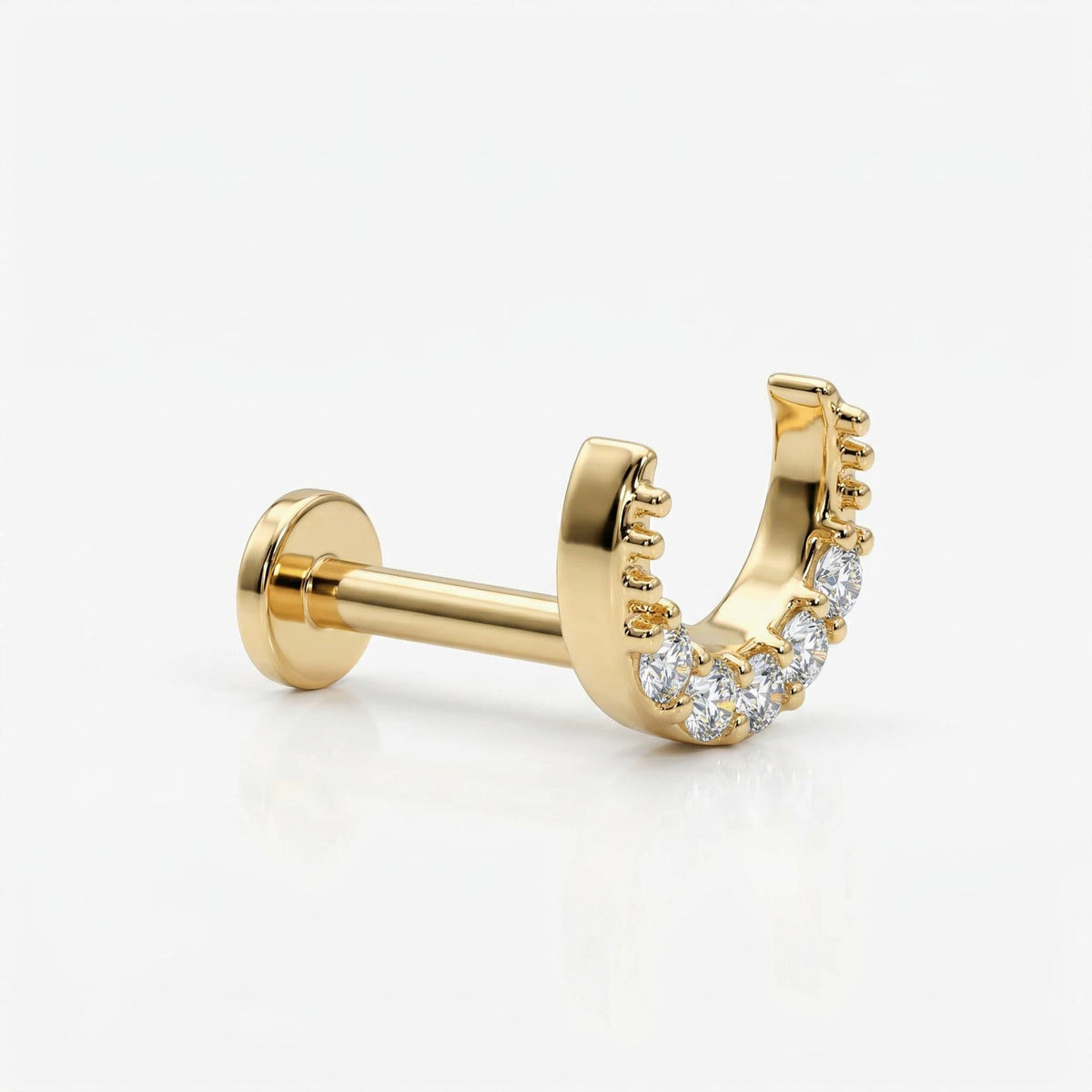 Cz Crescent Moon Earring 14k Solid Gold (SINGLE), Internally Threaded Flat Back Cartilage Earring - Melt'm Jewelry