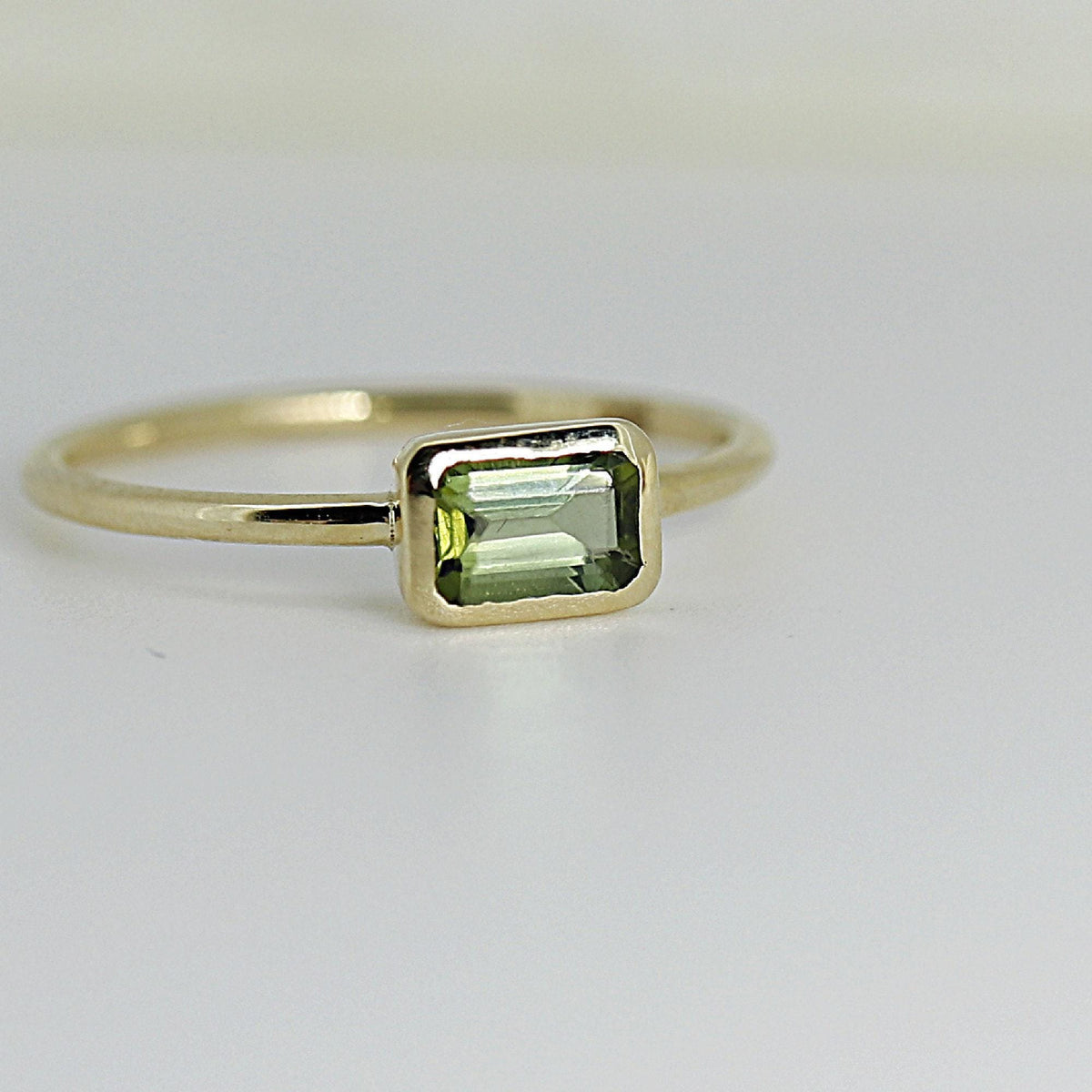 Emerald Cut Bezel Set Green Tourmaline Ring in 14k Gold - Melt'm Jewelry