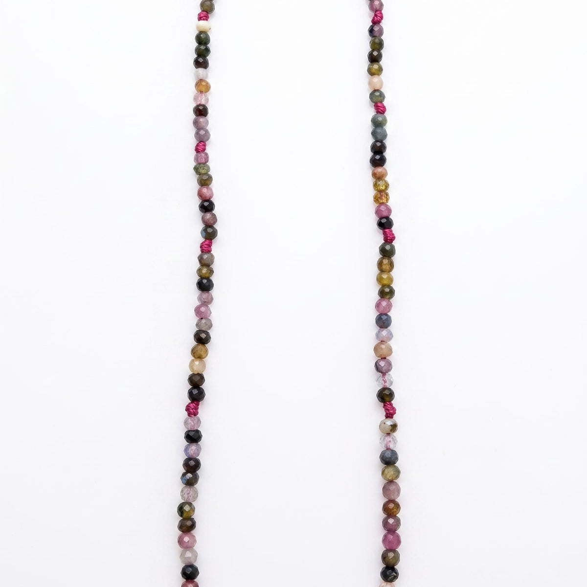 Multi Color Tourmaline Beaded Necklace, Hand Knotted Dark Pink Silk Strand - Melt'm Jewelry