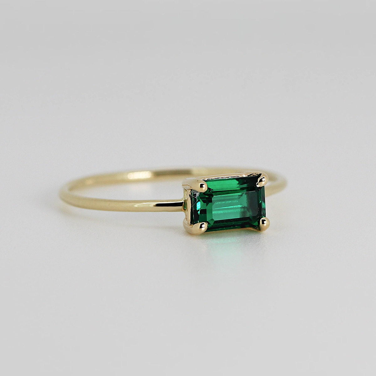 East West Emerald Cut Emerald Ring in 14k Solid Gold - Melt'm Jewelry