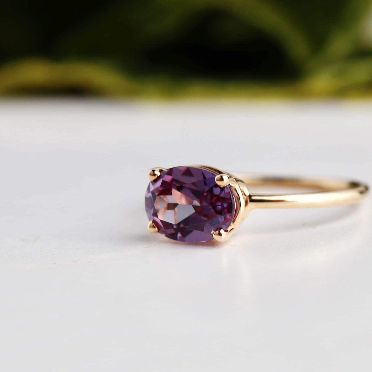 Color Change Sapphire Ring 14K Gold, East West Oval Lab Grown Sapphire Ring, Purple Sapphire Engagement Ring, Alternative Bridal Ring - Melt'm Jewelry