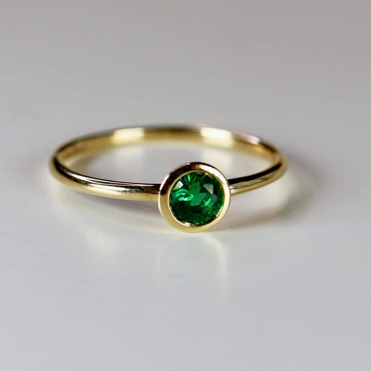 14k Gold Bezel Set Emerald Ring, Stacking Minimalist Gemstone Ring - Melt'm Jewelry
