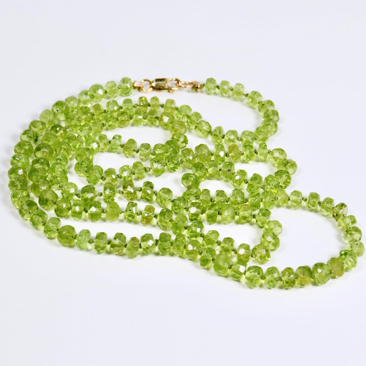 Peridot Rondelle Necklace on Silk, 23" Hand Knotted Strand with Gold Filled Lobster Clasp, August Birthstone - Melt'm Jewelry