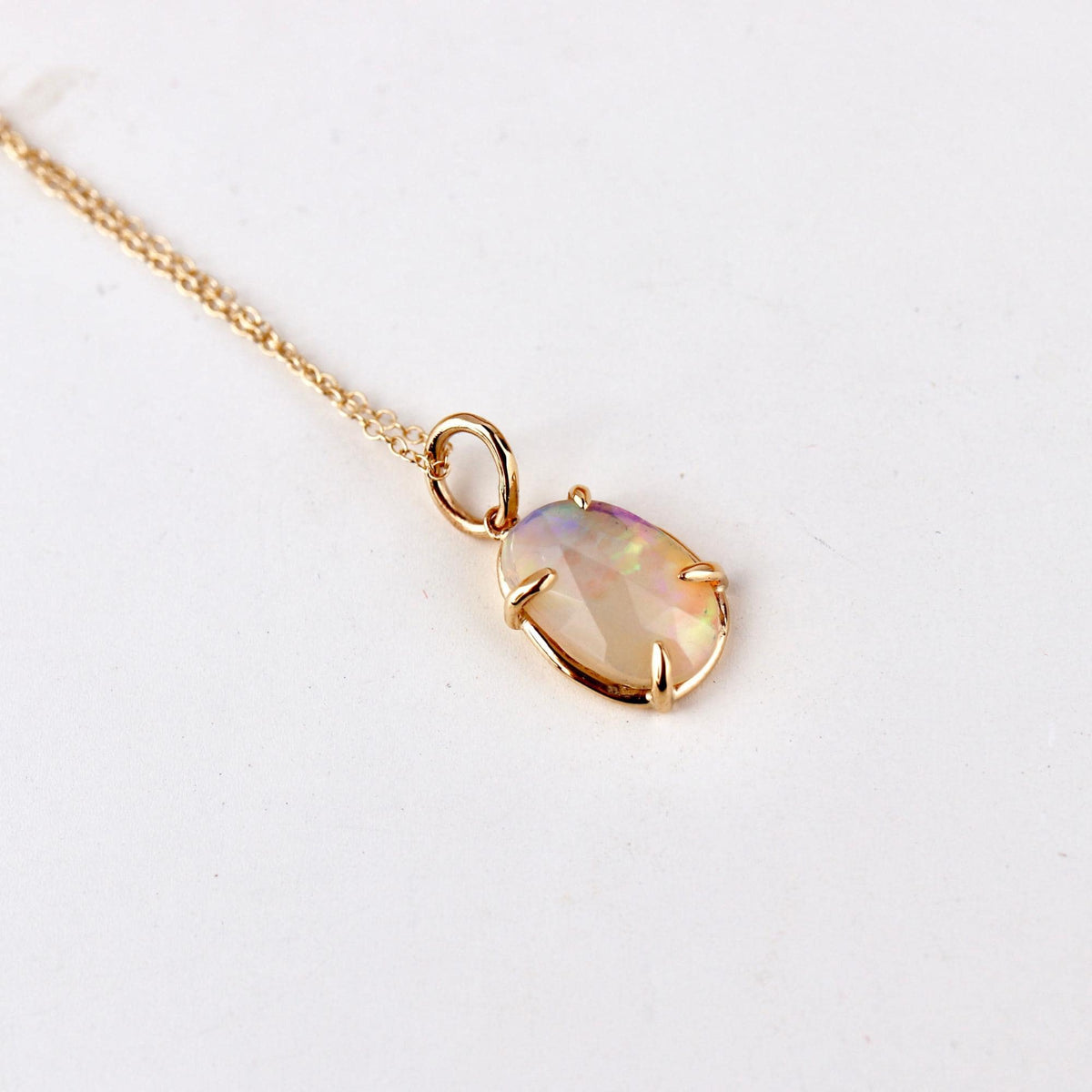 Ethiopian Opal Pendant, 12x8mm Rose Cut Opal, 14K Solid Gold Necklace, Natural Freeform Opal, Pendant Only or with Chain - Melt'm Jewelry