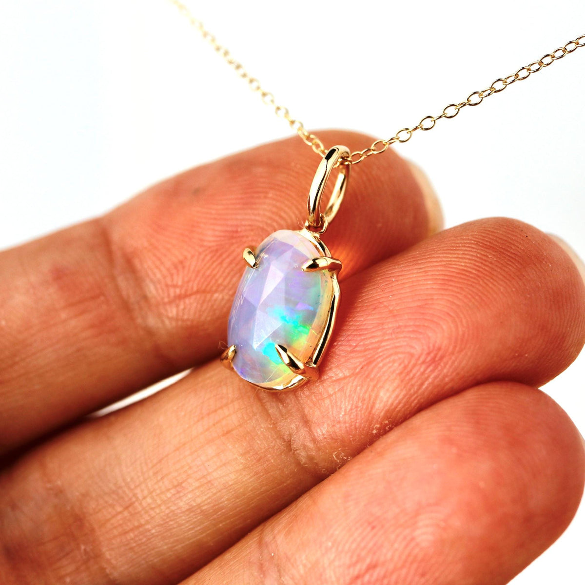 Ethiopian Opal Pendant, 12x8mm Rose Cut Opal, 14K Solid Gold Necklace, Natural Freeform Opal, Pendant Only or with Chain - Melt'm Jewelry
