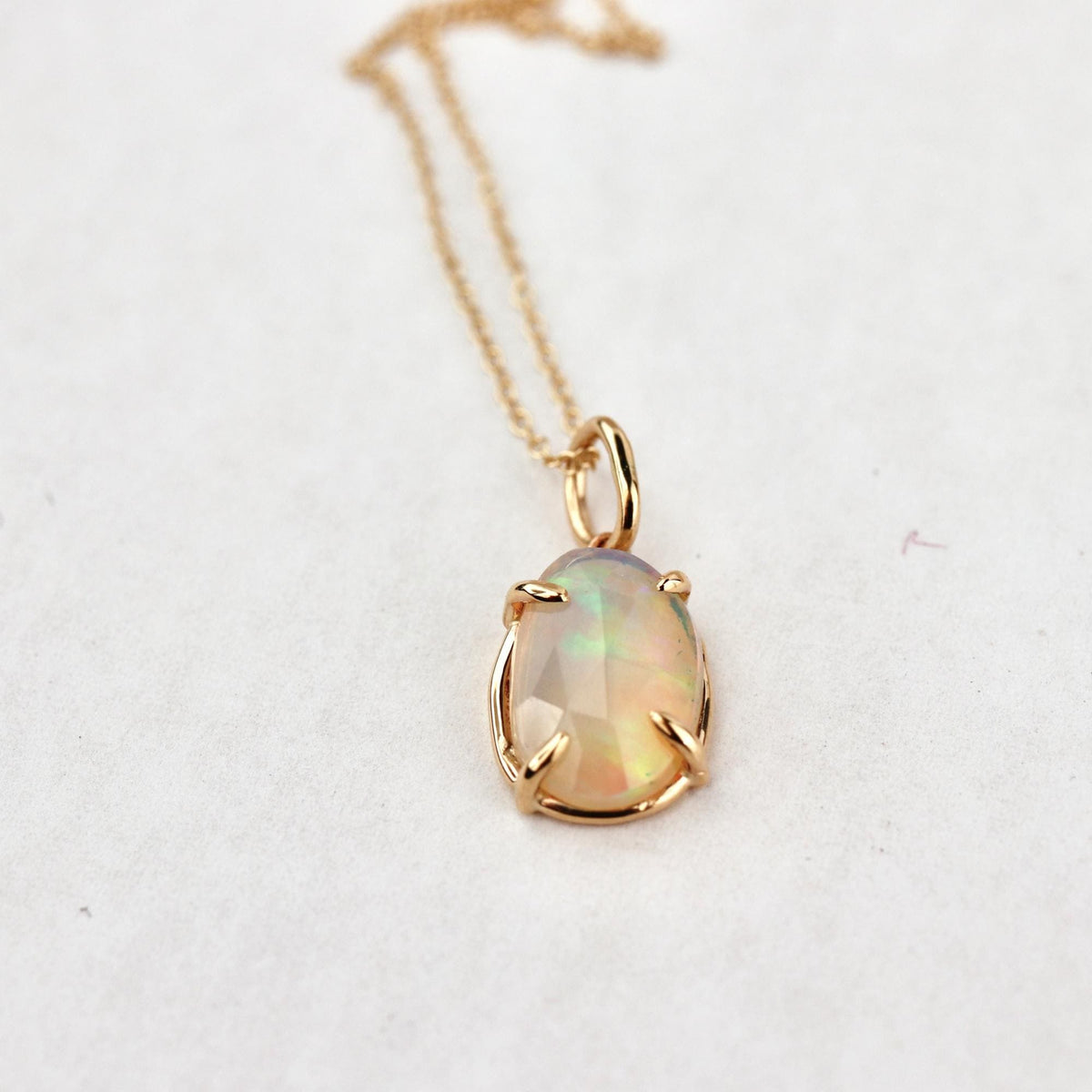 Ethiopian Opal Pendant, 12x8mm Rose Cut Opal, 14K Solid Gold Necklace, Natural Freeform Opal, Pendant Only or with Chain - Melt'm Jewelry