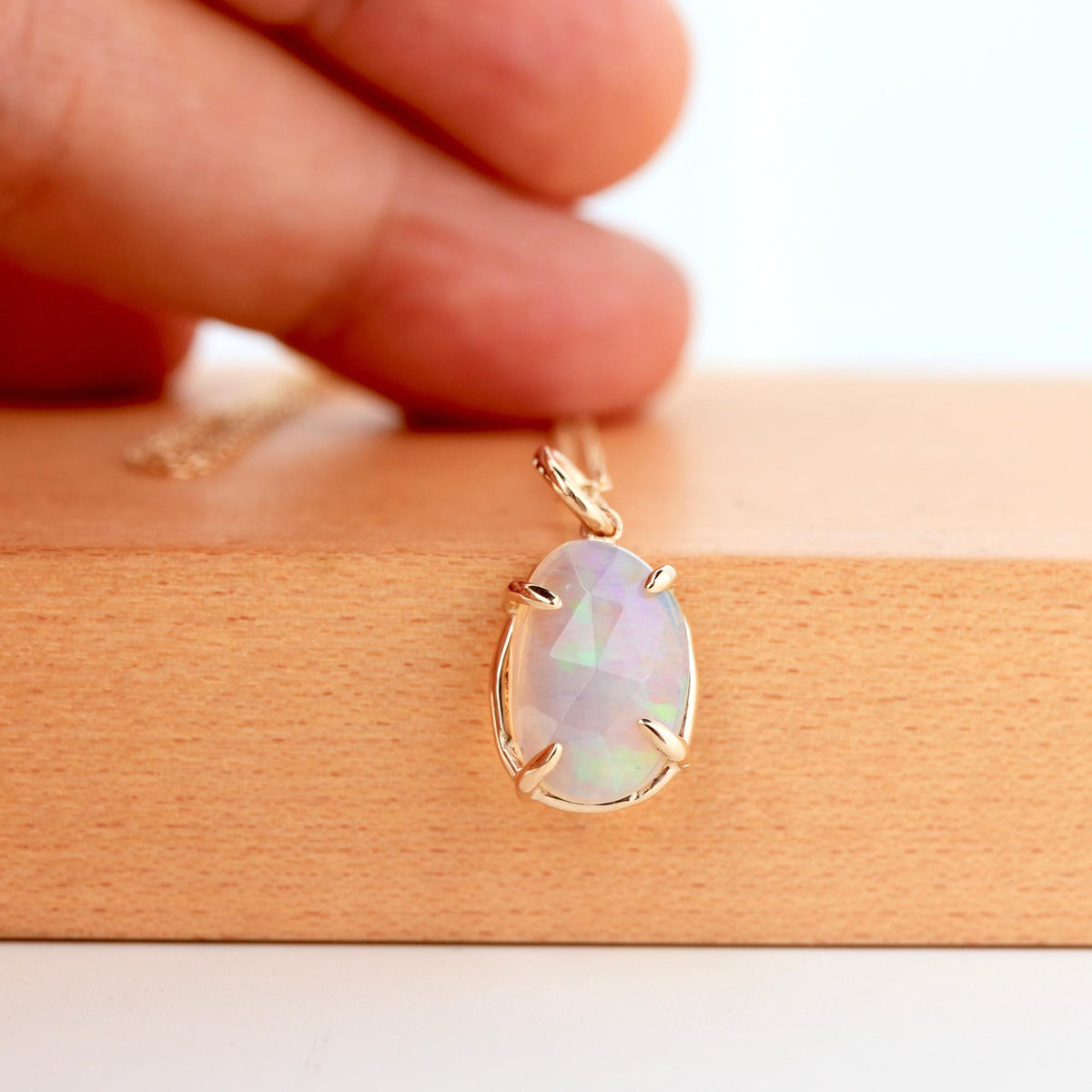Ethiopian Opal Pendant, 12x8mm Rose Cut Opal, 14K Solid Gold Necklace, Natural Freeform Opal, Pendant Only or with Chain - Melt'm Jewelry