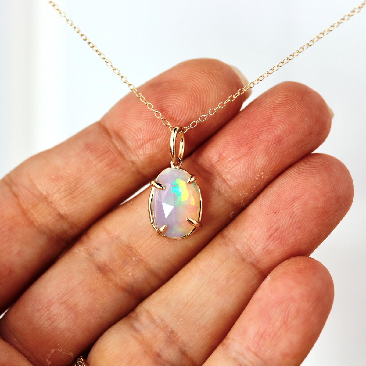 Ethiopian Opal Pendant, 12x8mm Rose Cut Opal, 14K Solid Gold Necklace, Natural Freeform Opal, Pendant Only or with Chain - Melt'm Jewelry