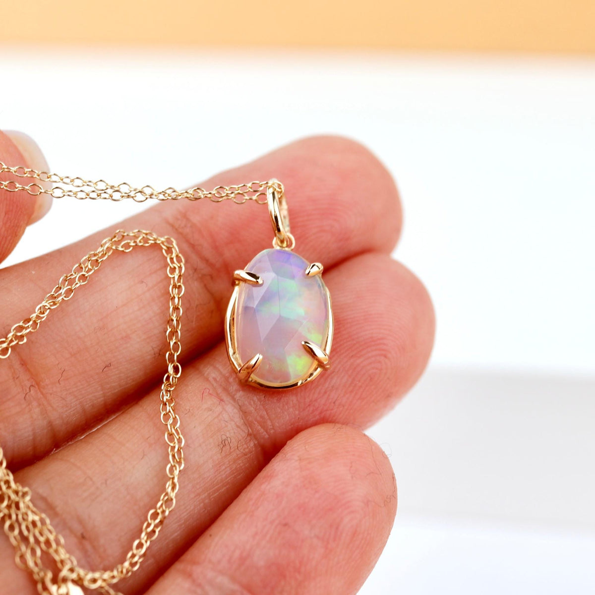 Ethiopian Opal Pendant, 12x8mm Rose Cut Opal, 14K Solid Gold Necklace, Natural Freeform Opal, Pendant Only or with Chain - Melt'm Jewelry