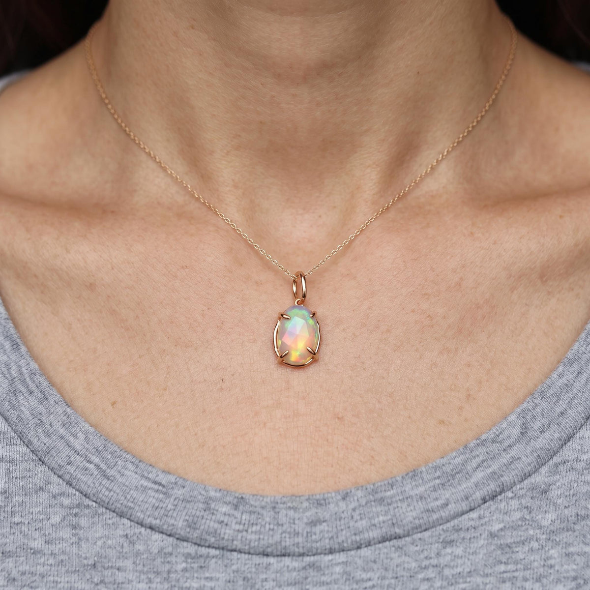 Ethiopian Opal Pendant, 12x8mm Rose Cut Opal, 14K Solid Gold Necklace, Natural Freeform Opal, Pendant Only or with Chain - Melt'm Jewelry