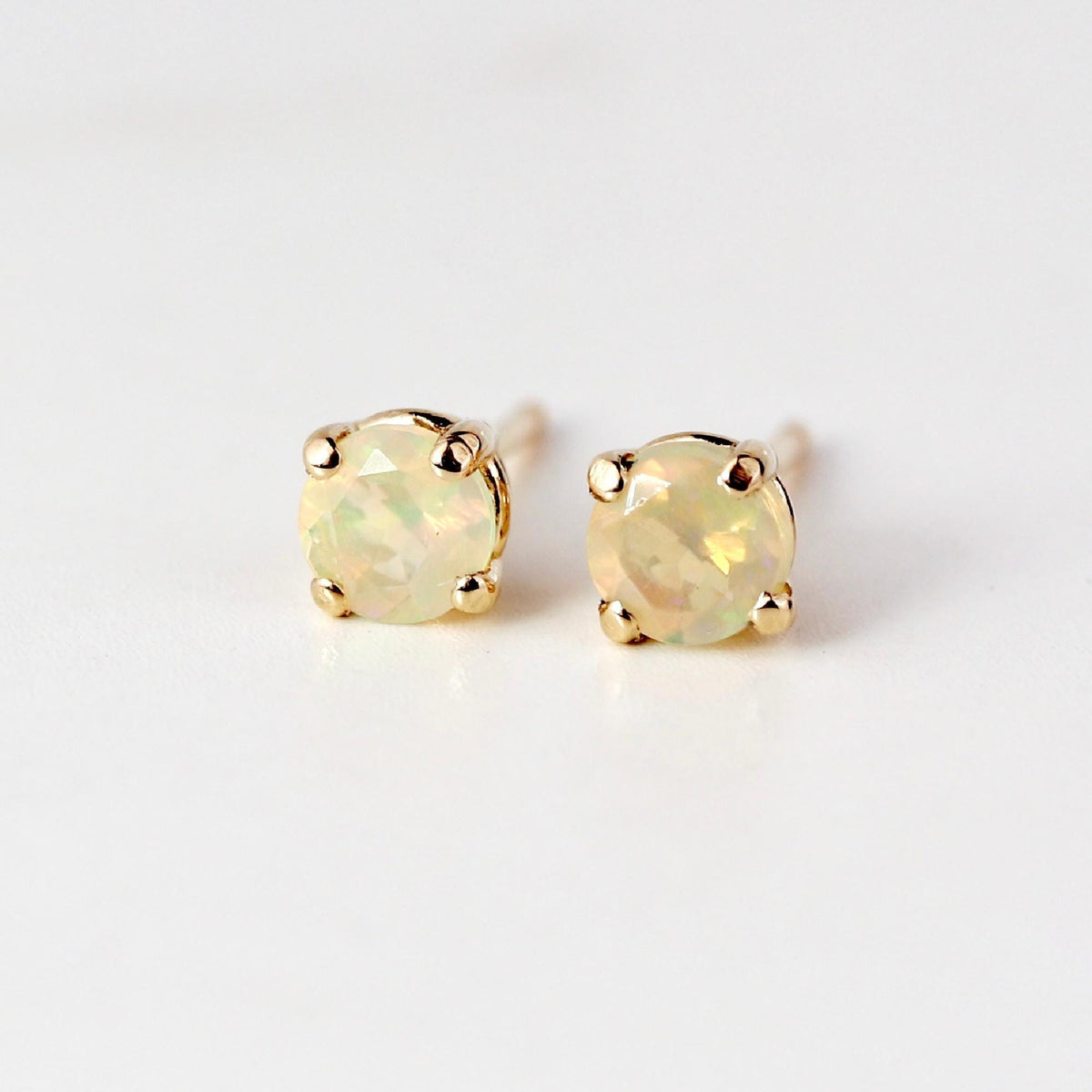 Round Cut Opal Stud Earrings 14k Gold