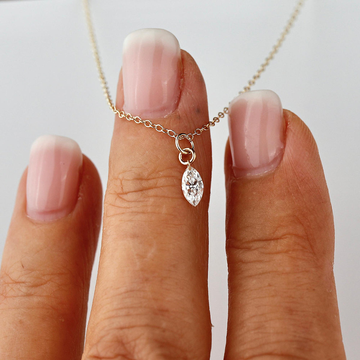 Marquise Diamond Necklace, Lab Grown Diamond Pendant, 14K Gold Floating Drilled Diamond, Dainty Solitaire Necklace - Melt'm Jewelry