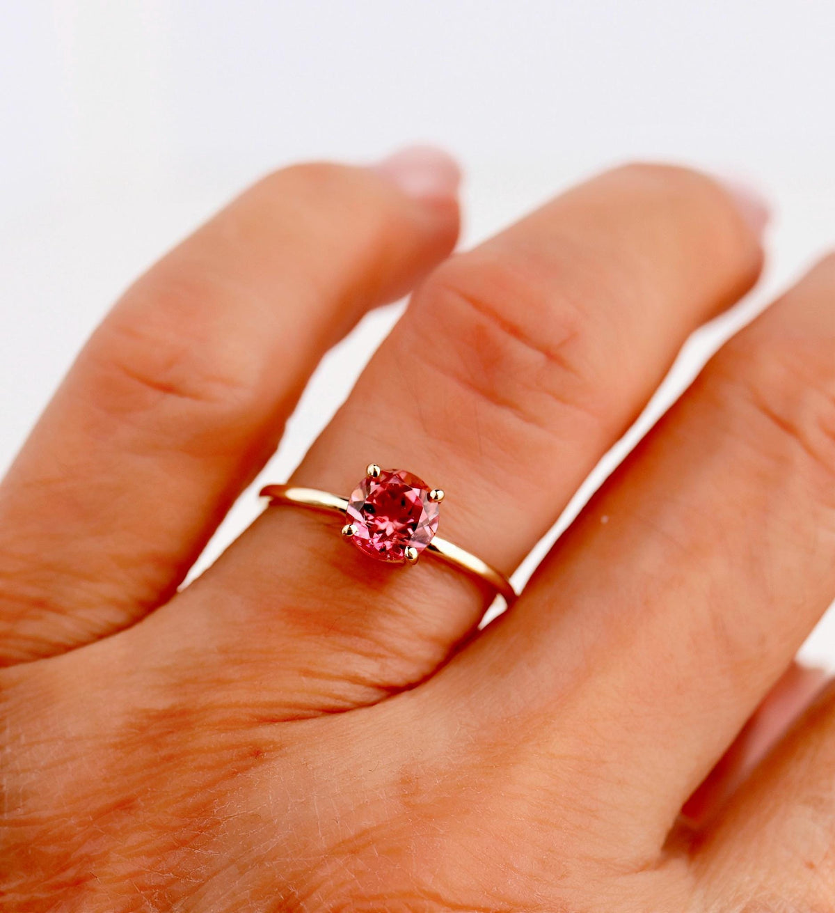 Natural Pink Tourmaline Ring, 14K Solid Gold Solitaire Ring, October Birthstone Jewelry, Dainty Pink Gemstone Ring - Melt'm Jewelry