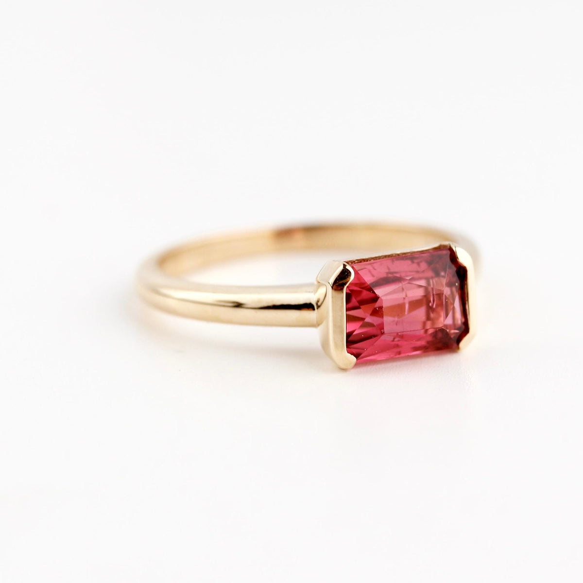 Natural Pink Tourmaline Ring, 14K Solid Gold Half Bezel Ring, East West Baguette Shape Gemstone, October Birthstone, Ready to Ship - Melt'm Jewelry