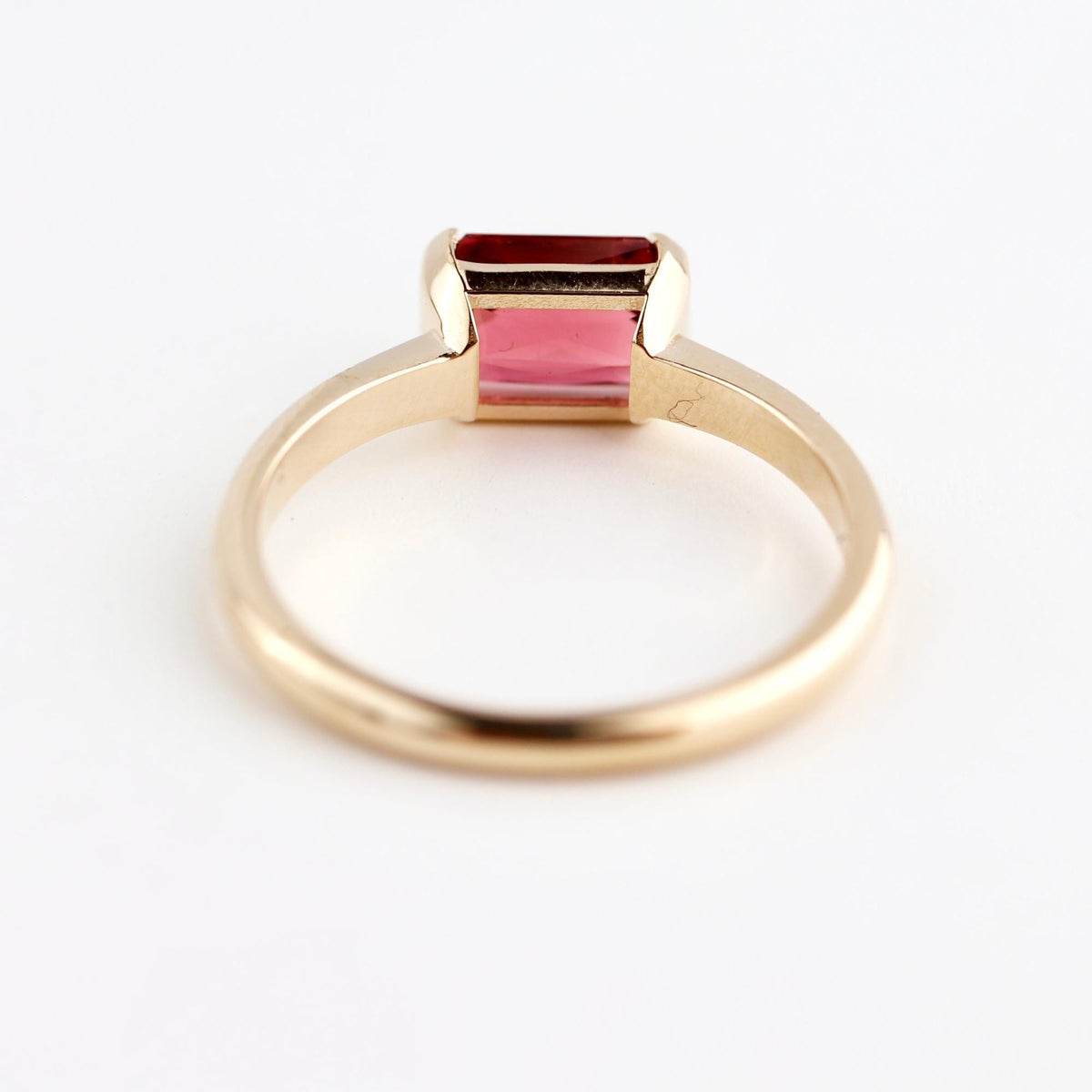 Natural Pink Tourmaline Ring, 14K Solid Gold Half Bezel Ring, East West Baguette Shape Gemstone, October Birthstone, Ready to Ship - Melt'm Jewelry