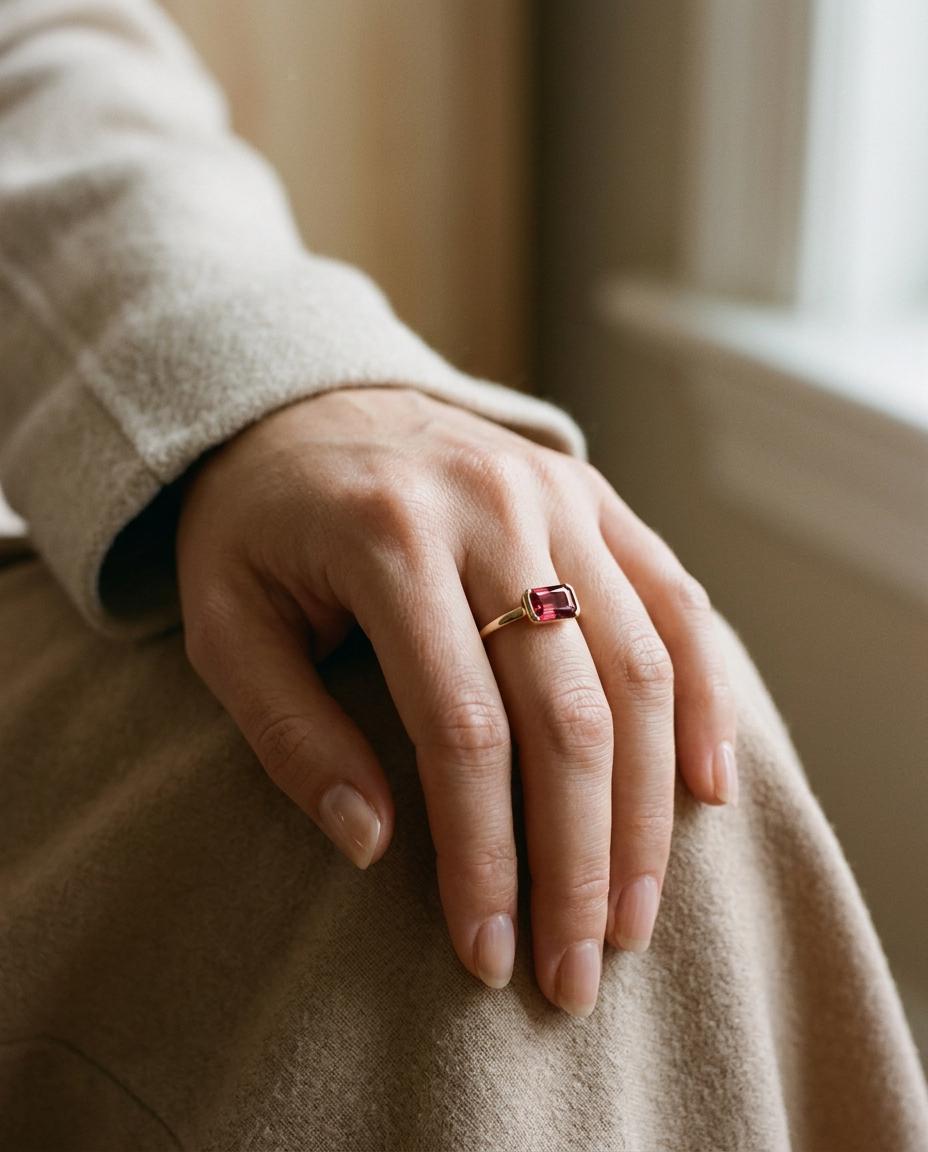 Natural Pink Tourmaline Ring, 14K Solid Gold Half Bezel Ring, East West Baguette Shape Gemstone, October Birthstone, Ready to Ship