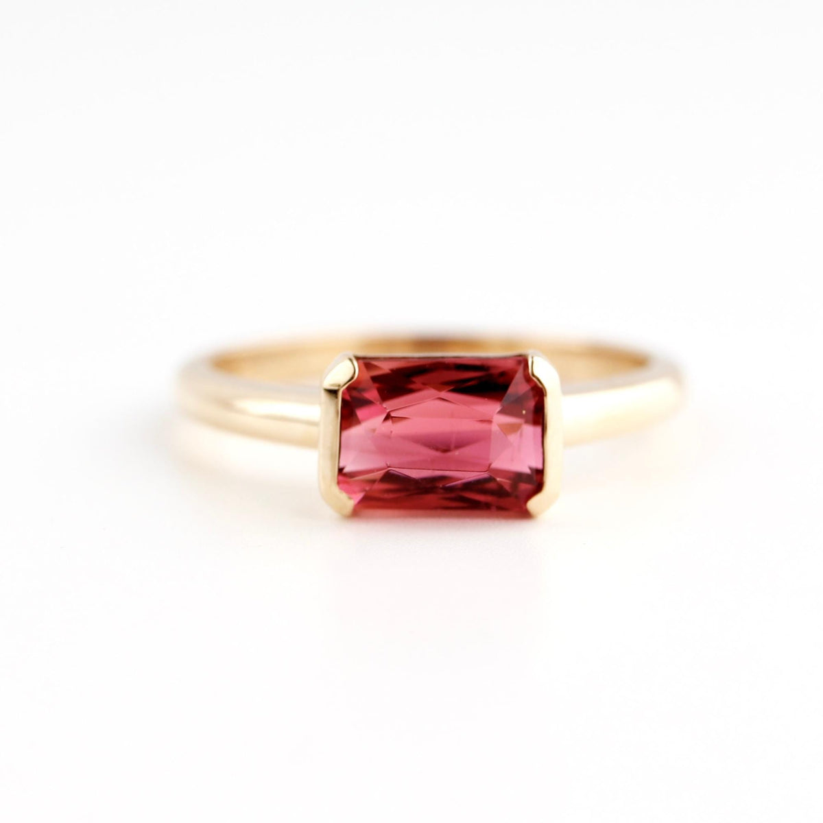 Natural Pink Tourmaline Ring, 14K Solid Gold Half Bezel Ring, East West Baguette Shape Gemstone, October Birthstone, Ready to Ship