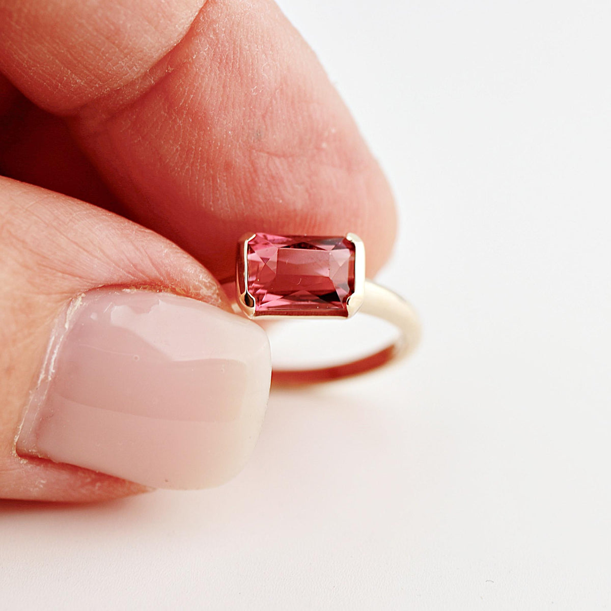 Natural Pink Tourmaline Ring, 14K Solid Gold Half Bezel Ring, East West Baguette Shape Gemstone, October Birthstone, Ready to Ship - Melt'm Jewelry