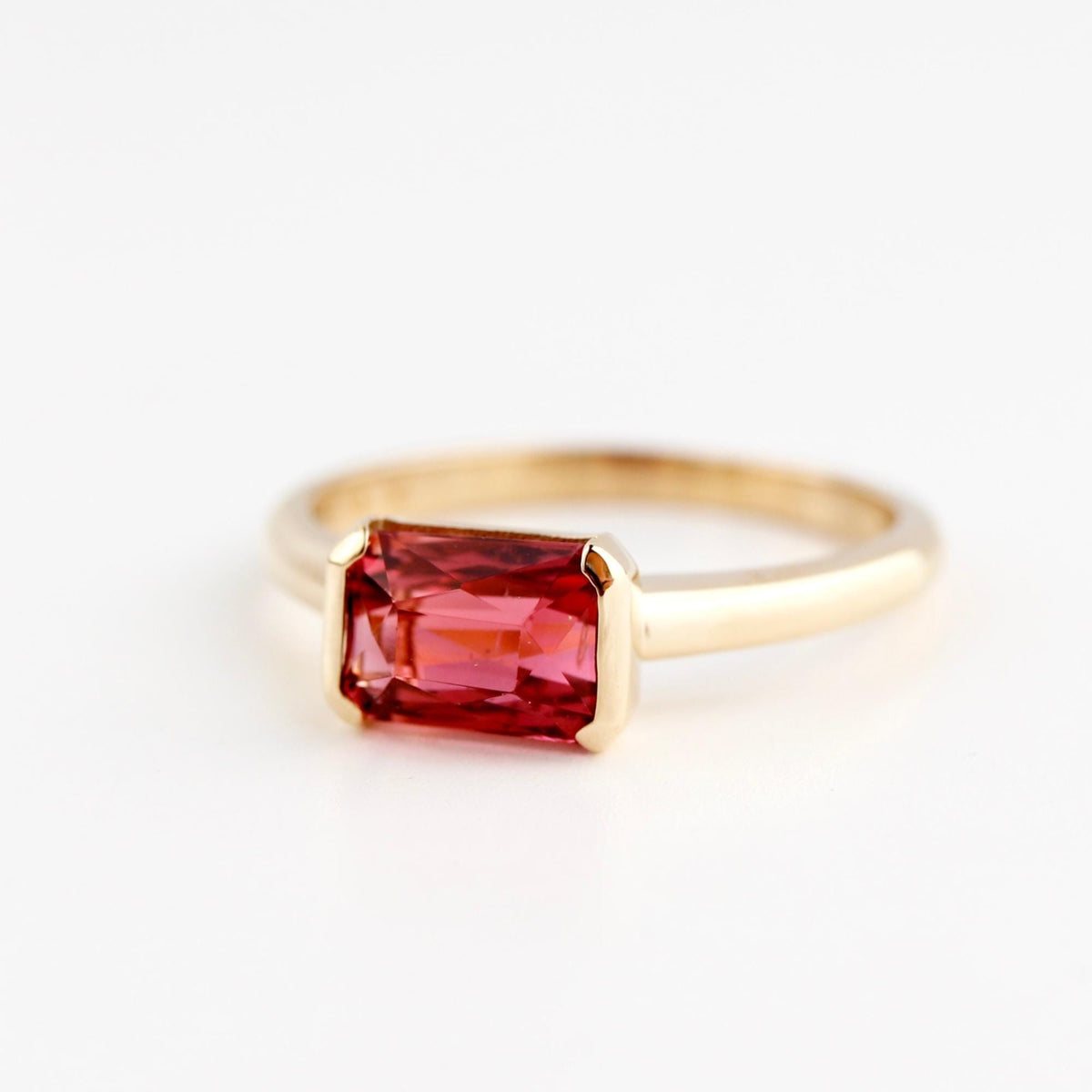 Natural Pink Tourmaline Ring, 14K Solid Gold Half Bezel Ring, East West Baguette Shape Gemstone, October Birthstone, Ready to Ship - Melt'm Jewelry