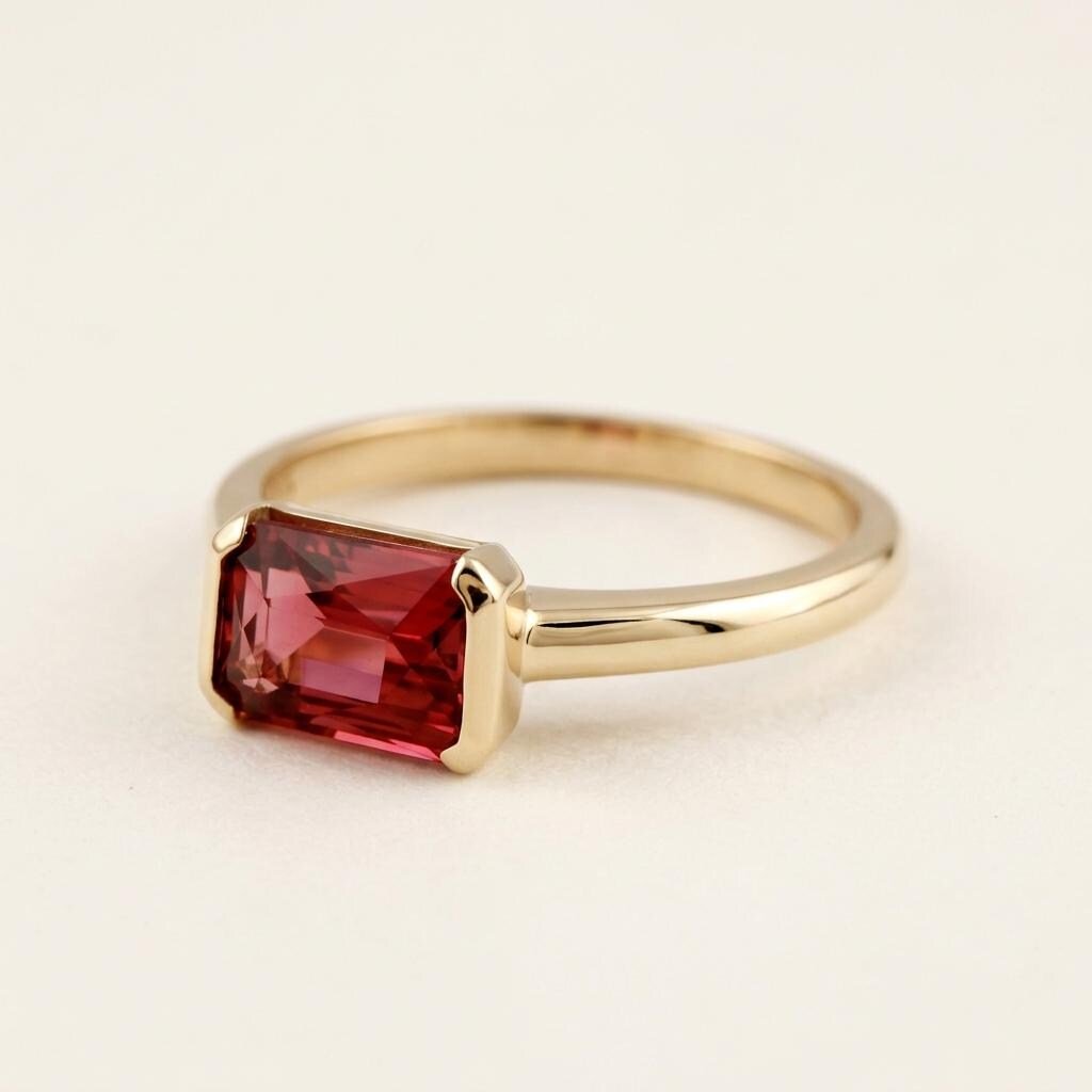 Natural Pink Tourmaline Ring, 14K Solid Gold Half Bezel Ring, East West Baguette Shape Gemstone, October Birthstone, Ready to Ship - Melt'm Jewelry