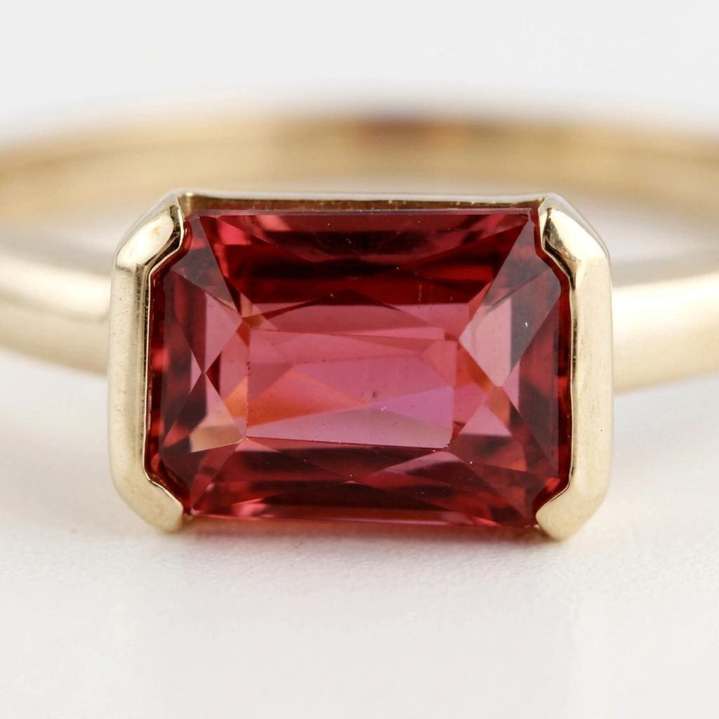 Natural Pink Tourmaline Ring, 14K Solid Gold Half Bezel Ring, East West Baguette Shape Gemstone, October Birthstone, Ready to Ship - Melt'm Jewelry