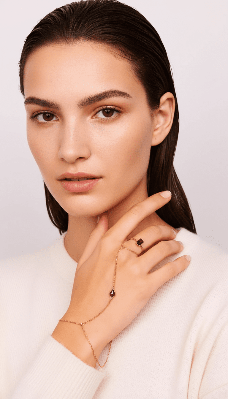 Gold Slave Bracelet, Garnet Hand Chain, Pear Garnet Hand Ring - Melt'm Jewelry