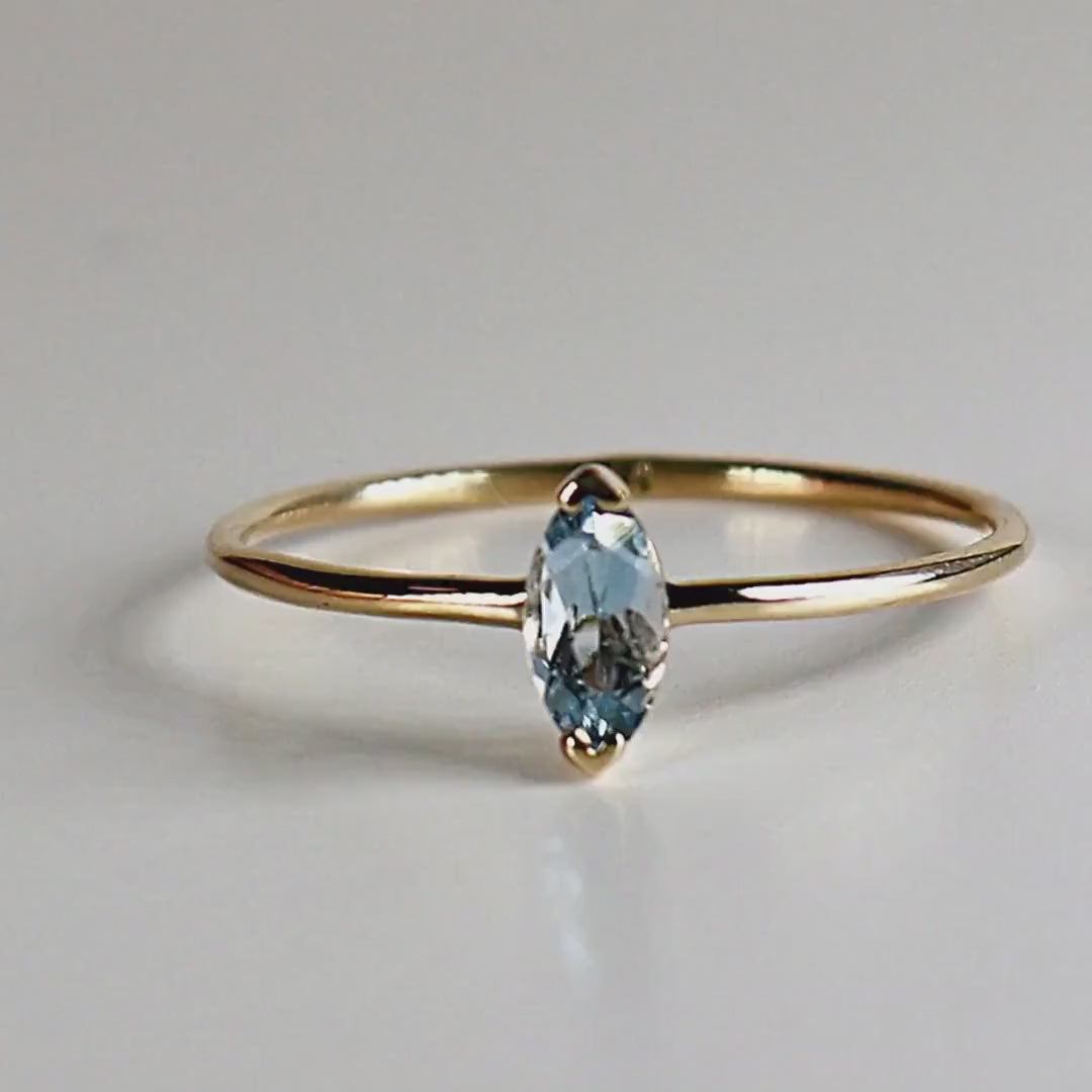 Marquise Cut Aquamarine Engagement Ring, 14k Gold March Birthstone Ring