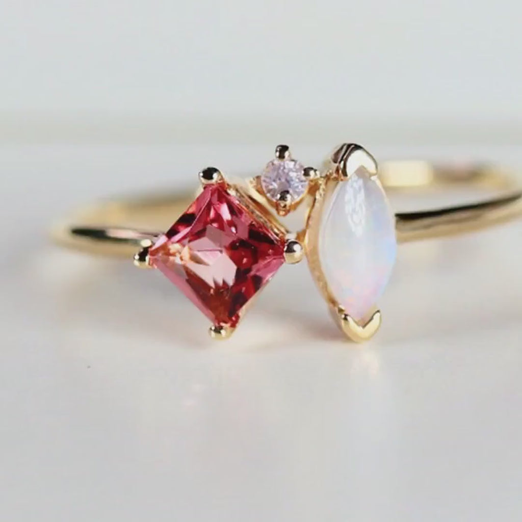 Pink Tourmaline Opal and Diamond Cluster Ring in 14k Gold