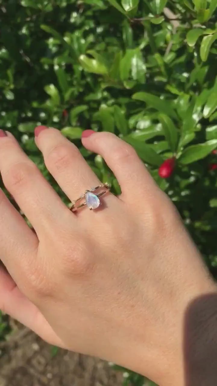 14k Gold Pear Cut Rainbow Moonstone Ring