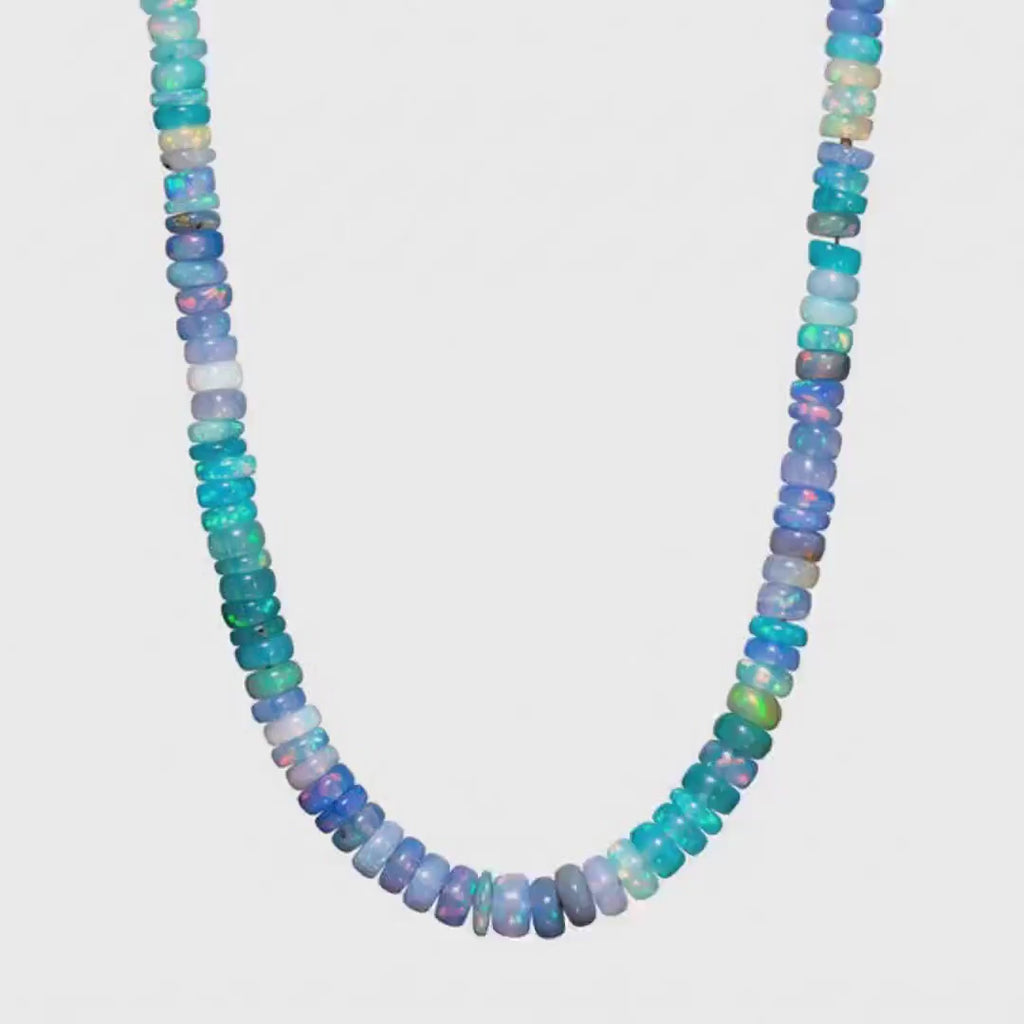 Ethiopian Opal Necklace, Natural Opal Beaded Necklace, Teal Purple Opal Rondelle Necklace, Silk Knotted, 14K Gold Filled