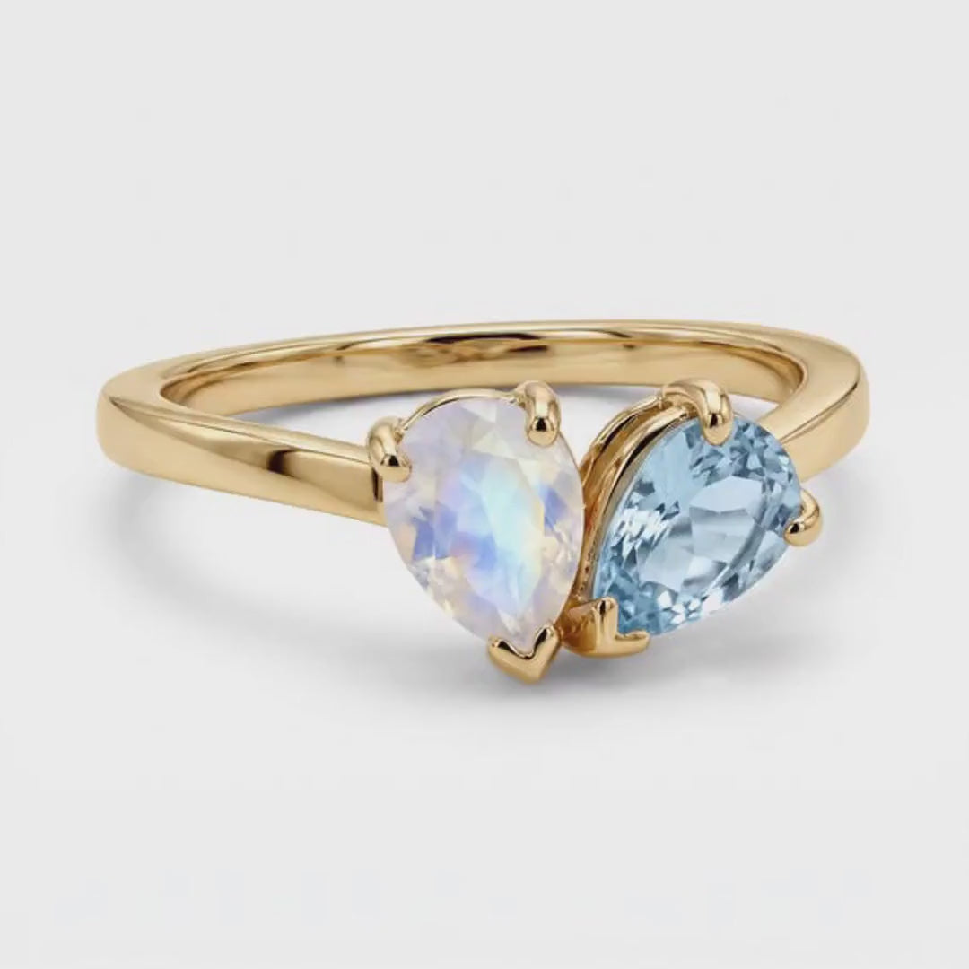 Toi et Moi Ring 14k Gold, Moonstone & Aquamarine Engagement Ring, You and Me Ring