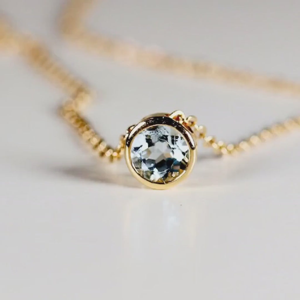 Bezel Set Swiss Blue Topaz Necklace 14k Solid Gold