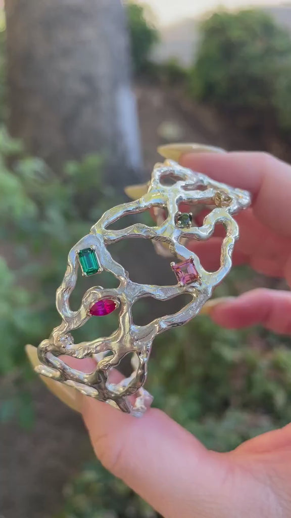 Multi-Gem Gemstone Cuff Bracelet in Sterling Silver and 14k Gold Set- One of A Kind