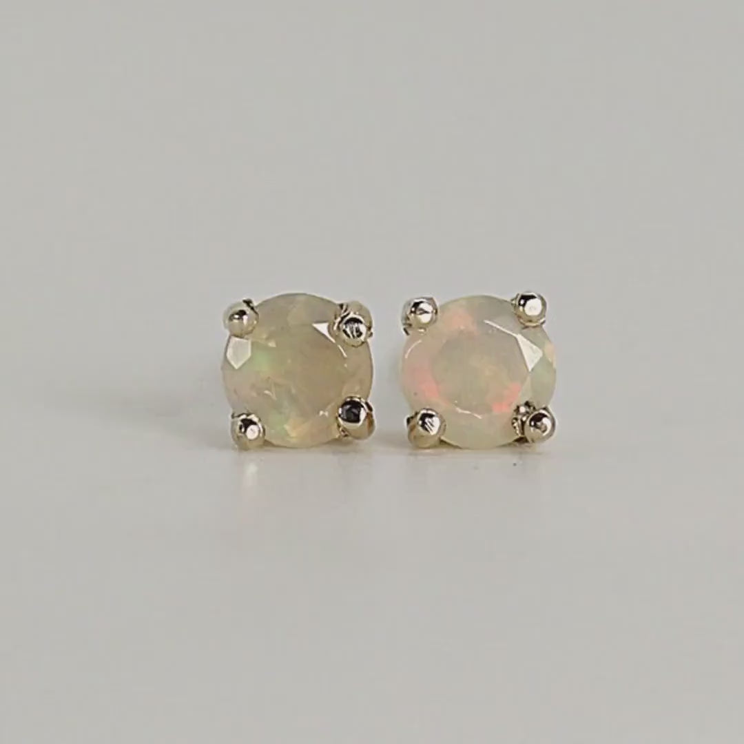Round Cut Opal Stud Earrings 14k Gold