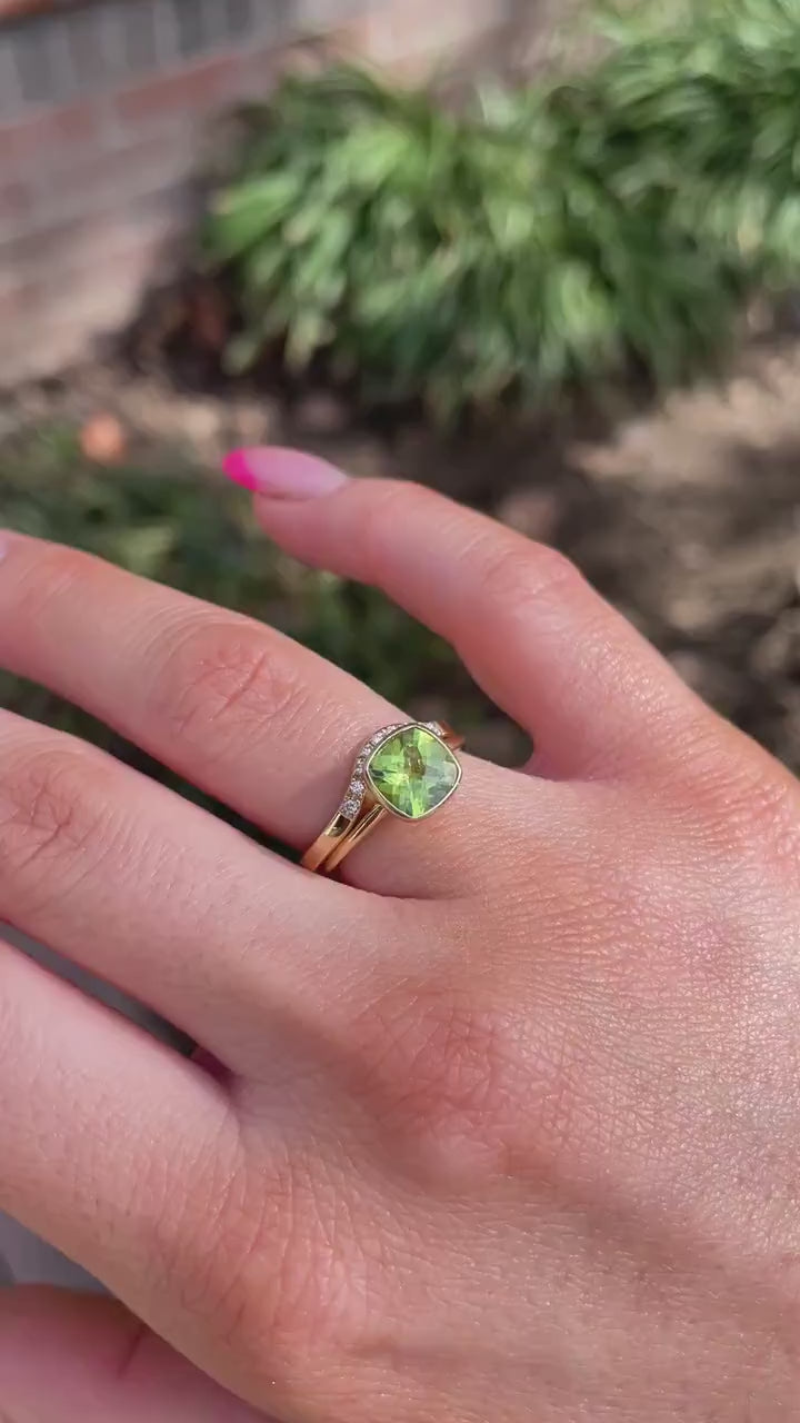 Cushion Cut Peridot Engagement Ring 14k Gold, Solitaire Ring