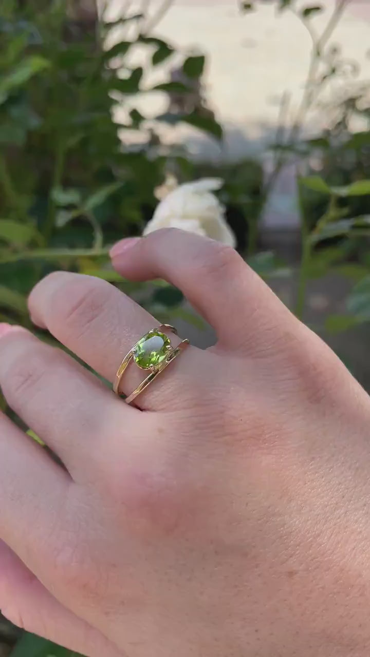 14k Gold Peridot Ring, Oval Engagement Ring, Double Band Ring