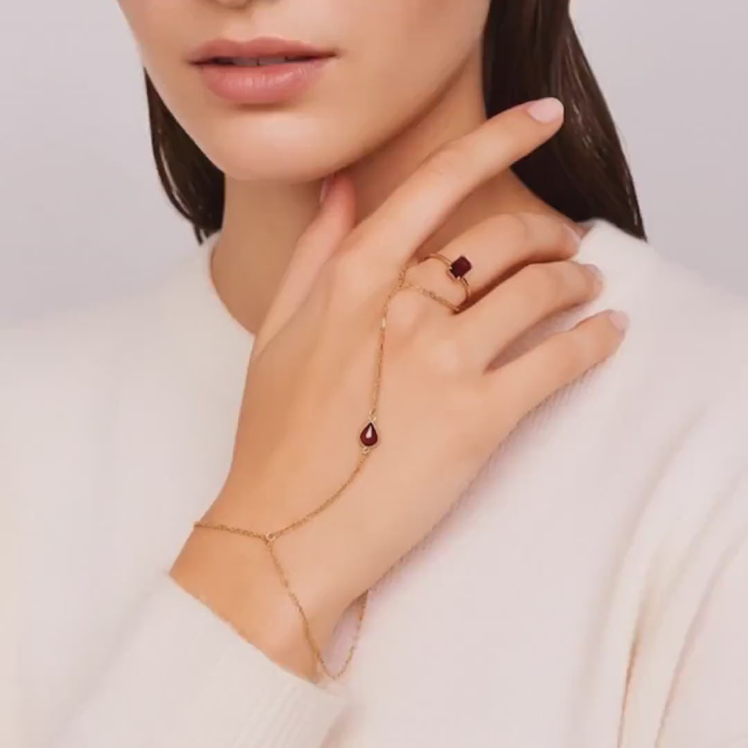 Pear Garnet Hand Chain Ring - Gold Slave Bracelet