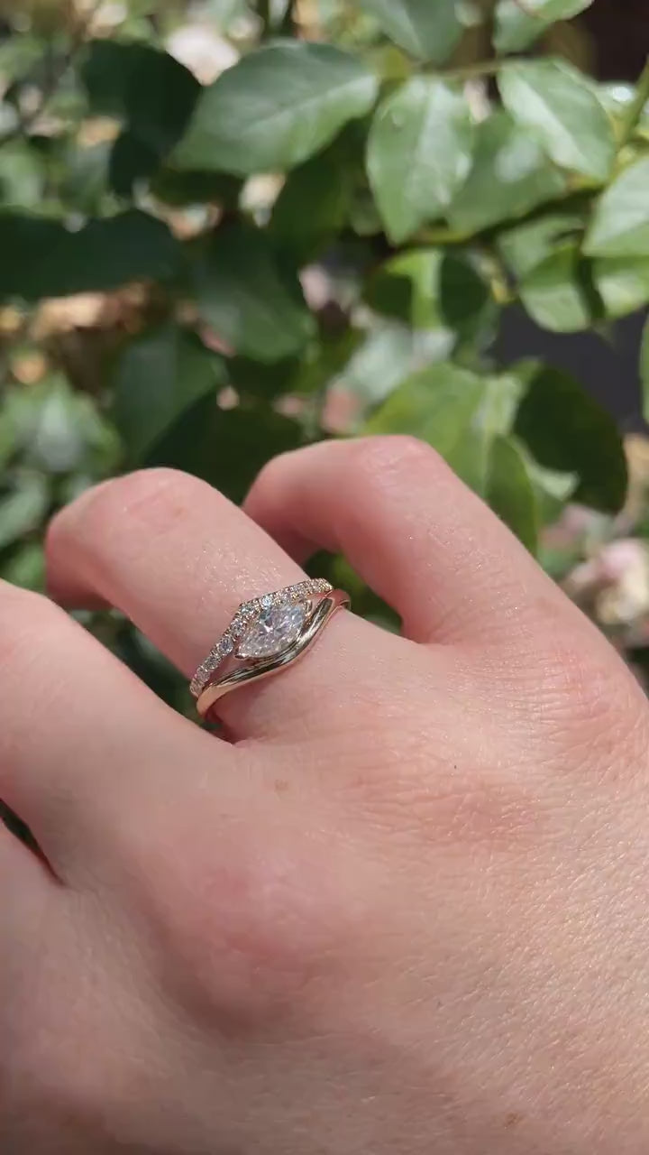 Marquise Moissanite Wavy Band Ring 14k Gold, LILY Minimalist Engagement Ring