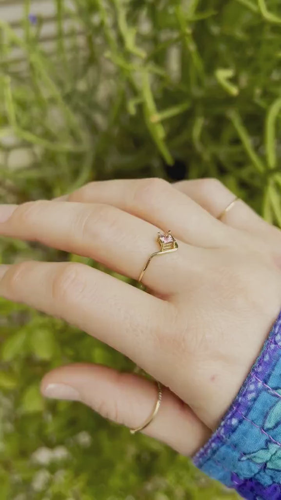 Princess Cut Pink Tourmaline Ring V Band in 14k Gold